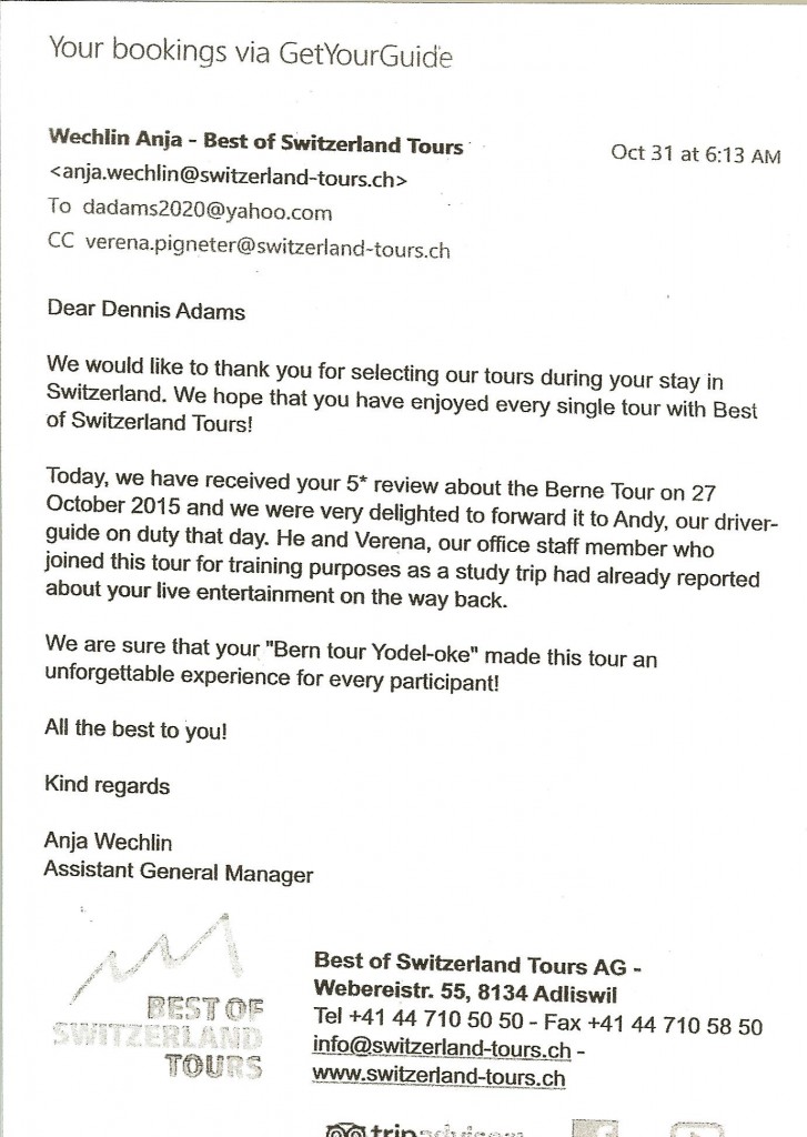"Best of Switzerland Tours" Staffers get creative; dub it "Bern tour Yodel-oke". I like it!! 